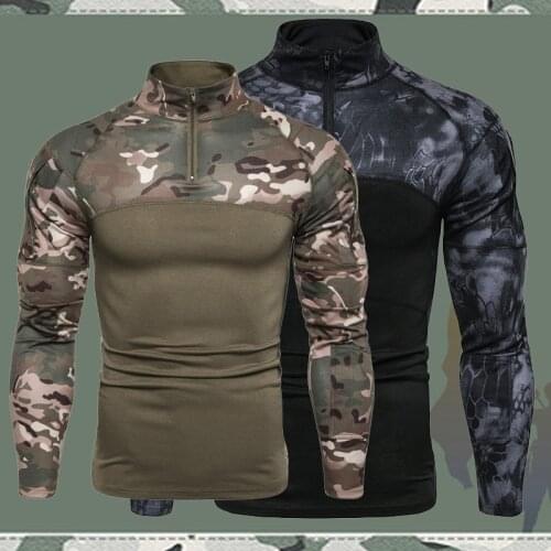 New Mens Military Battlefield Outdoor Fitness Camouflage Long Sleeve Zipper Pocket Elastic T-shirt