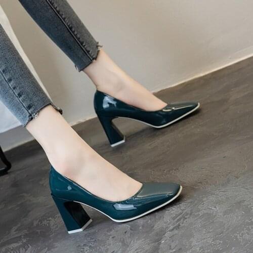 Soft leather all-match square toe shoes autumn and summer 2021 new French high heels patent leather female thick heel 7CM