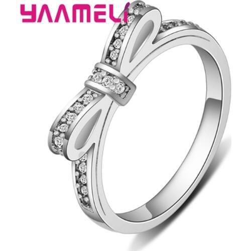 Hot Sale 925 Sterling Silver Simple Bowknot Clear Cubic Zirconia Ring Engagement Wedding Party Jewelry Sweet Birthday Xmas Gift