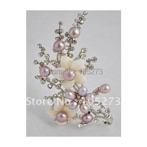 Charming Pearl Brooch Light Purple 6-7mm Bread Freshwater Pearl And 4-5MM Rice Pearl With White Shell Brooch New Free Shipping