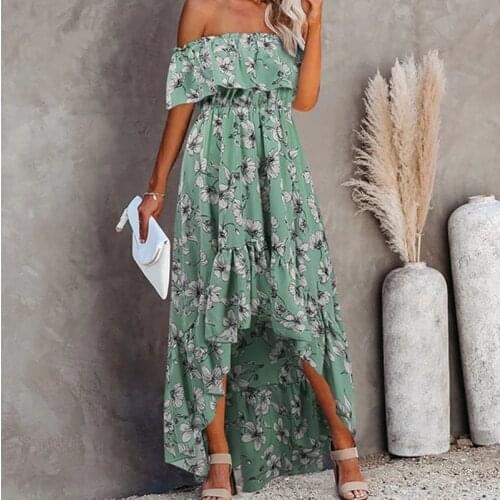 Summer Dress Bohemian off shoulder Raglan Sleeve maxi Dress Casual Slash neck Ruffles Asymmetrical Floral Printed Beach Sundress