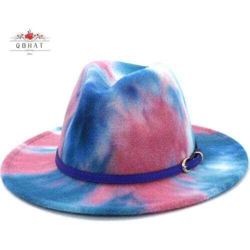 QBHAT Trend Tie Dye Printed Colour Fedora Hat for Women Lady Girl Men Boy Unisex Dress Party Felt Jazz Cap Blue Belt Docor