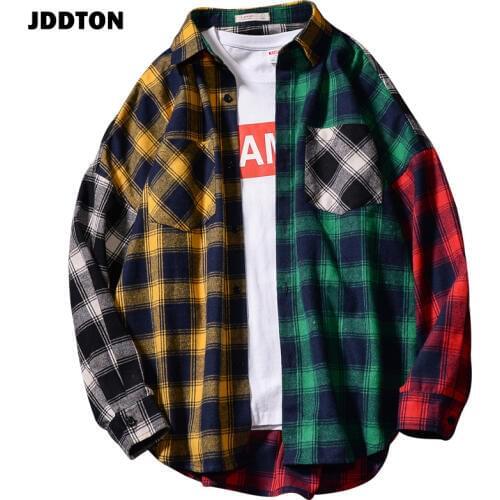 JDDTON Mens Plaid Shirt Long Sleeve Casual Man Stitching Color Shirt Patchwork Clothing Streetwear Male Loose Thin Blouse JE396