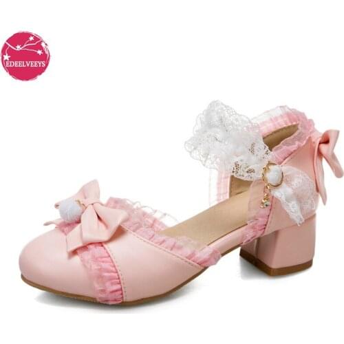 Sweet Bowtie Lace Edge Women Lolita Sandals Square Block Heels White Pink Casual Party PU Leather Round Toe Ankle Strap Ladies
