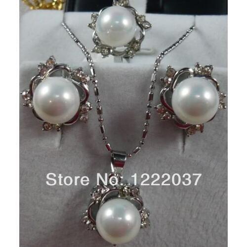 NEW White SHELL Pearl Earring Ring & Necklace Set