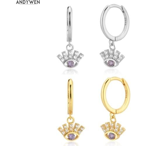 ANDYWEN 925 Sterling Silver Purple Zircon Eye Pendant Piercing Circle Drop Earring For Rock Puck Jewelry Fashion Jewels