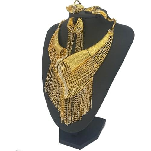 African bridal wedding gifts Nigeria Dubai Gold color jewelry sets party for women Bracelet Necklace earrings ring set collares