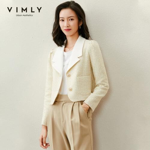 Vimly 2021 Spring Short Jacket For Women Fashion Notched Single Breasted Pockets Office Lady Elegant Outwear Femme Veste F6056