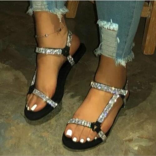 2020 Women Party Shoes Crystal Sandals Women Summer New Style Bling Rhinestone Flat with Female Sandal Large Size 36-43