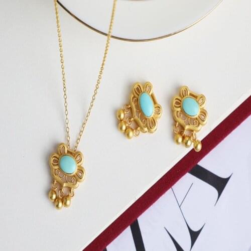 S925 silver inlaid natural ore turquoise necklace pendant retro elegant womens jewelry cute safe lock without chain