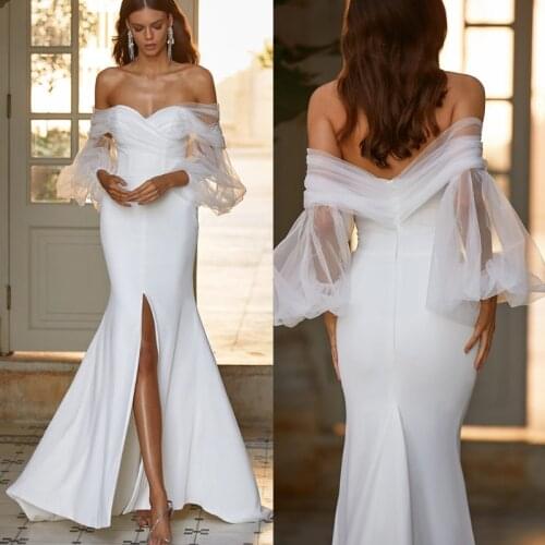 Elegant Satin Simple Wedding Dresses 2021 Off-Shoulder Slit Bridal Gown Mermaid Sheer Back Wedding Gown Vestidos De Novia