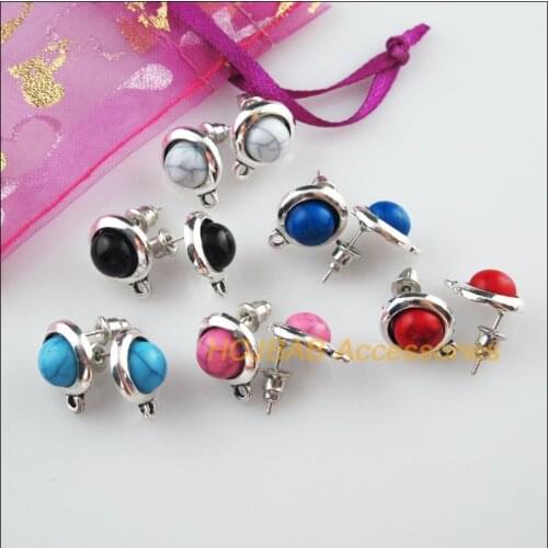 12Pcs Tibetan Silver Round Mixed Stone Wire Earrings Hooks Findings 11.5x14.5mm