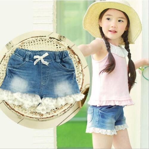 2017 Real New Summer Fashion Girls Lace Denim Pocket Short Jeans Pants Baby Casual Trousers Kids Shorts Childrens Clothing