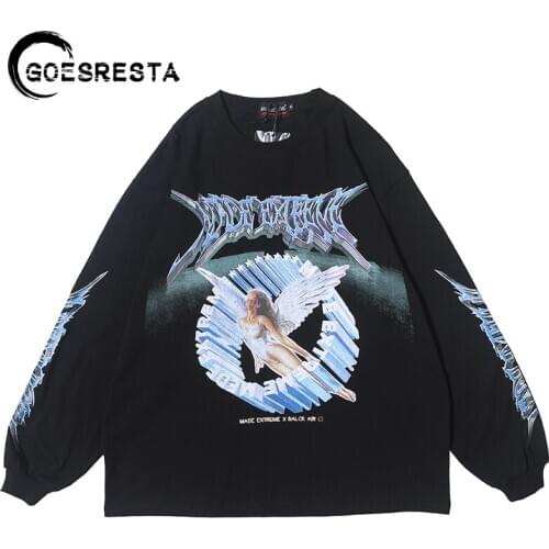 2020 Oversize Hip Hop Cotton Men T Shirt Streetwear Retro Angel Print Harajuku Tshirt Loose HipHop T-shirt Tops Tees Long Sleeve