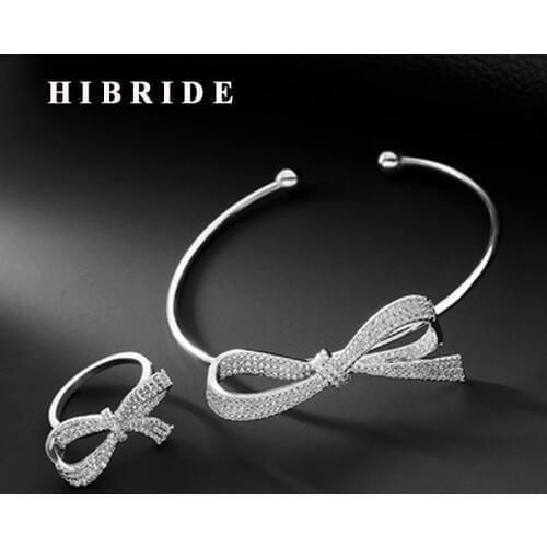 HIBRIDE Luxury Micro Cubic Zirconia Pave Bowknot Shape Open Cuff Bangle&Bracelets For Women Adjustable Ring Jewelry Set N-635