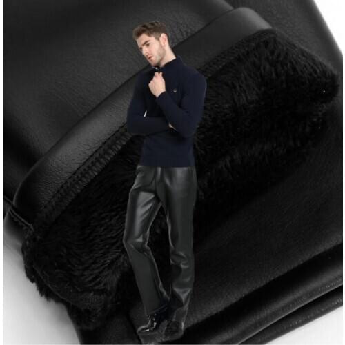 Thick velvet warm faux leather pants mens feet pants fashion motorcycle pu trousers for men personality pantalon homme black