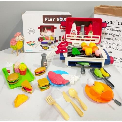 Children BBQ Grill Kitchen Toys Mini Electric Barbecue Game Simulation Food Set Music Light Pretend Play Toys for Kids