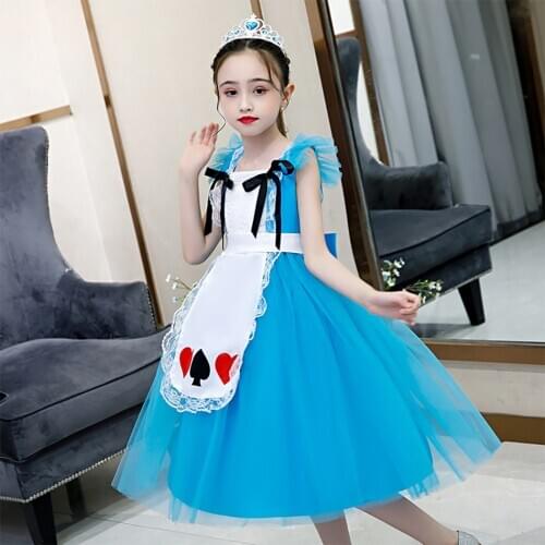 Disney Alice in Wonderland Costume for Girls Role Playing Alice Fancy Princess Dress Big Bow on Back Kids Summer Frock Clothing