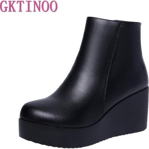 GKTINOO 2020 Genuine Leather Autumn Winter Boots Shoes Women Ankle Boots Female Wedges Boots Women Boot Platform Shoes Warm