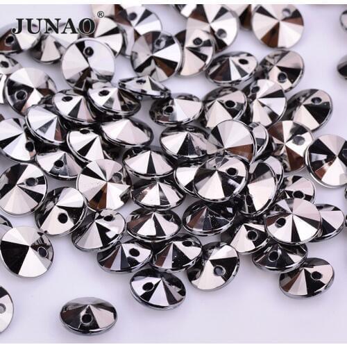 JUNAO 500pc 8mm Gun Black Sewing Rivoli Rhinestone Applique Pointback Acrylic Crystal Stones Flatback Sewn Strass For Needlework