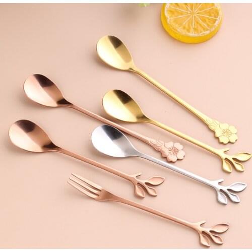 Mini 304 Stainless Steel Stirring Spoon Leaves Fruit Fork Nordic Cherry Blossom Handle Spoon New Style Coffee Spoon