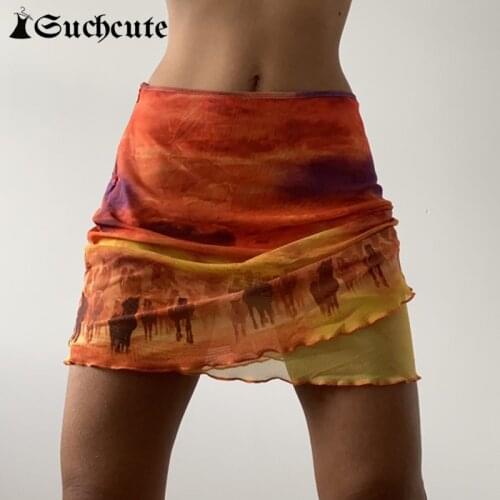 SUCHCUTE Flame Print Aesthetic Mini Skirts For Women Y2K Drawstring Short Skirts Summer Streetwear Fashion Mesh Skirts Harajuku