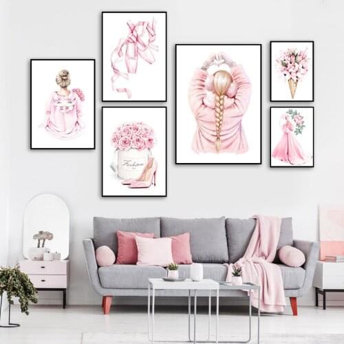 Fashion Girl High Heels Pink Flower Dance Shoes Nordic Posters And Prints Wall Art Canvas Painting Wall Pictures For Living Room