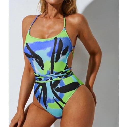 2021 Tie Dye Monokini One Piece Swimsuit Women Halter Swimwear Female Pad Printed Sexy Bandage Bather Bathing Suit Swim Lady