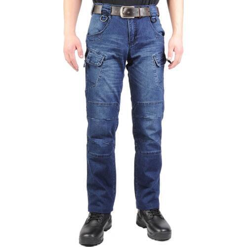 Mcikkny Mens Cargo Casual Jeans Pants With Multi-pockets Motorcycle Denim Trousers Military Style For Mens Outdoor Jeans Blue