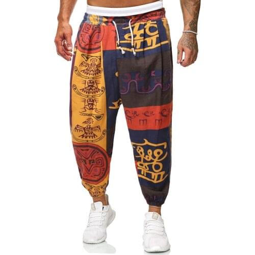 2021 Mens Spring/Summer Leisure Printed Harem Pants Ethnic Style Tied Elastic Waist Cotton and Linen Loose Cropped Pants