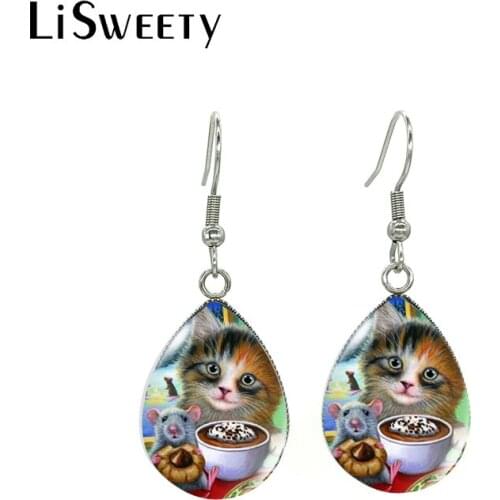 New Arrival Funny Cat and Mouse Lovely Kitten Loves Mouse Oil Paintings Tear Drop Fish Hook Earrings
