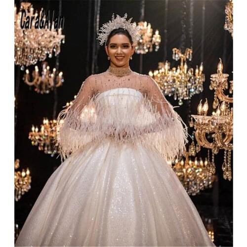 Charming Arabic Ball Gown Wedding Dresses with Ostrich Feather Cape Sequin Vintage Vestios De Novia 2021 Plus Size Bridal Dress