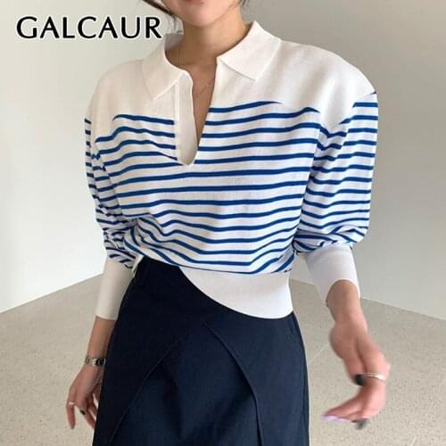 GALCAUR Casual Striped Colorblock Sweater For Women V Neck Long Sleeve Loose Pullovers Female Korean Fashion Clothes 2021 Autumn
