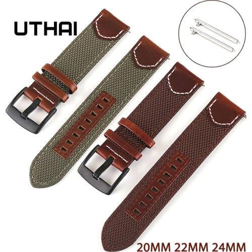 UTHAI Vintage nylon leather strap 20MM 22MM 24MM For Samsung Galaxy 42MM 46MM gearS2 S3 Active 2 Quick Release watchband Z33