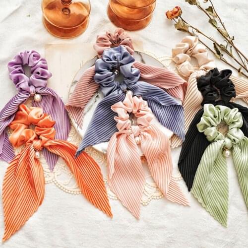 New Silk Pleated Bows Scrunchies With Pearl Hair accessories For Women Girls Elastic Hair Bands Rope Ponytail Holders Headwear