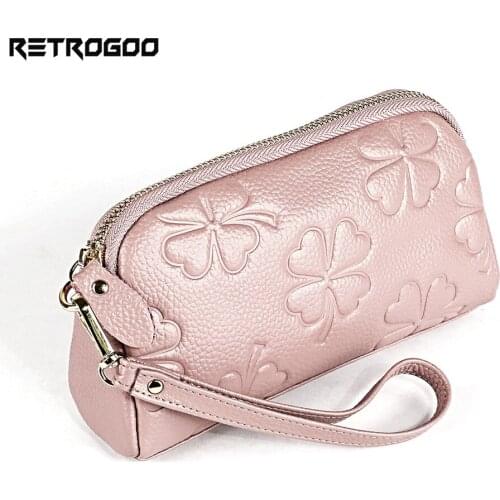 RETROGOO Pink Genuine Leather Wrist Clutch Women Handbag Zipper Pocket Female Wallet Phone Cover Money Bag Card Holder Purse