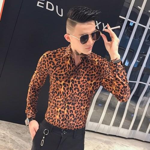 Fashion 2021 Sexy Leopard Print Social Shirts for Men Clothing Long Sleeve Simple Night Club Tuxedo Slim Fit Casual Ropa Hombre