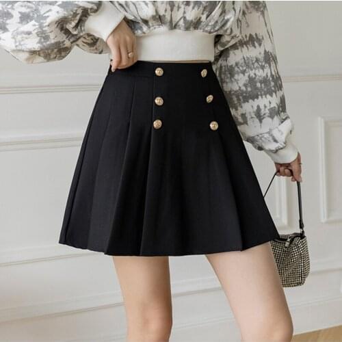 Gray High Waist Casual Mini Pleated Skirts Woman 2021 Autumn Double Breasted Work Office Short Skirt Female