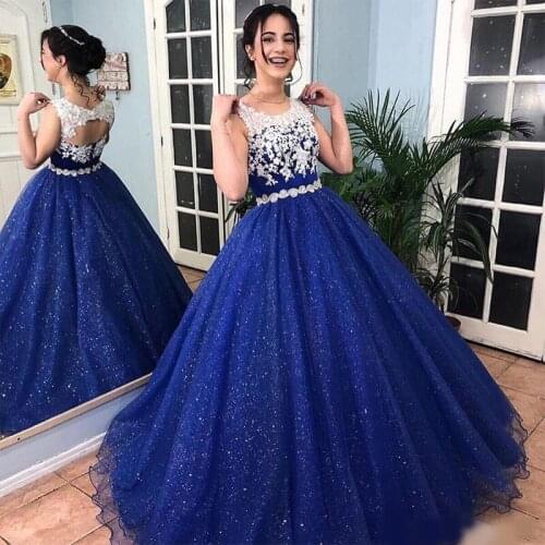 Modest Royal blue A Line Quinceanera Dresses With Lace Appliqued Back Zipper floor Length Plus Size Sweet 16 prom Gown