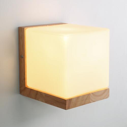 Modern Oak Wood Cube Sugar Shade Wall Lamp Bedroom Wooden Glass Wall Sconce Bedside Wall Light bathroom fixtures Home Lighting