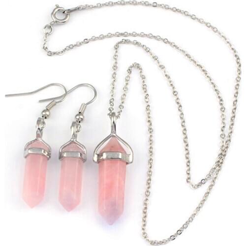 Trendy-beads Silver Plated Natural Rose Pink Quartz Hexagon Necklace Earrings For Female Jewelry Sets
