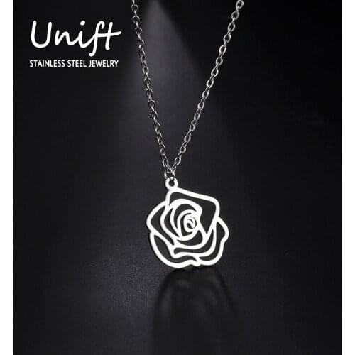 Unift Hollow Flower Rose Pendant Necklace Stainless Steel Choker Romantic Birthday Jewelry Gifts Wedding Womens Accessories