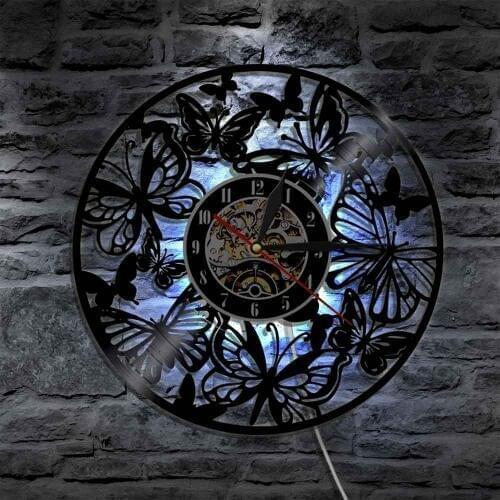 Butteryfly Vinyl LP Animals Record Wall Light Creative Timepiece Home Decor Vintage Handmade Gift Decorative Clocks
