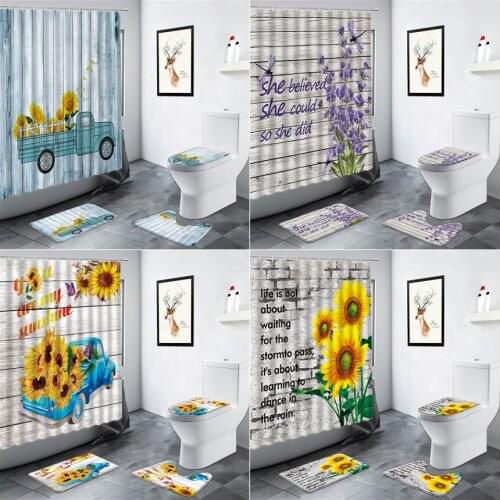 Farm Sunflower Shower Curtain Yellow Flowers Lavender Truck Barn Rural Retro Old Wooden Board Bathroom Non-slip Rug Bath Mat Set
