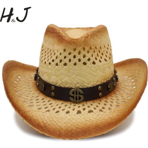 Women Men Western Cowboy Hat With Leather Money Band For Lady Gentleman Beach Sun Sombrero Cowgirl Hat Size 58CM A0136