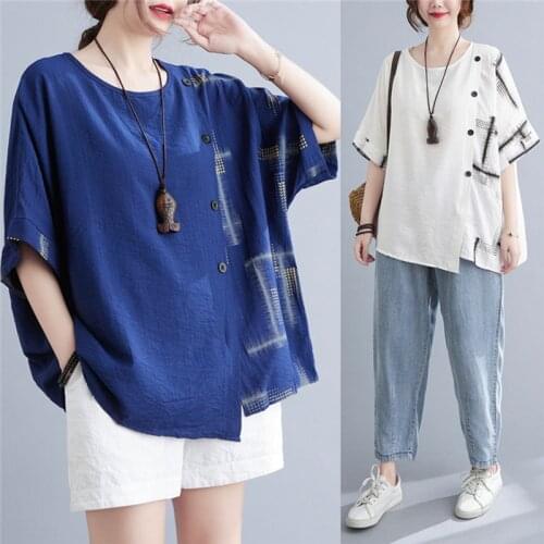 1565 Oversize T-Shirt Women Casual Fashion Soft Breathable Top Patchwork Button Large Size Loose Cotton Linen Summer Clothes Tee