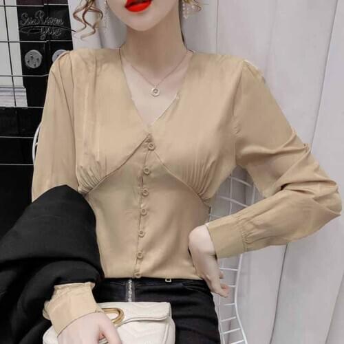 V-neck Splicing Corset Slim Solid Buttons Shirts French Elegant Pleated Long Sleeve Satin Blouse Women Spring Waist Tops 12263
