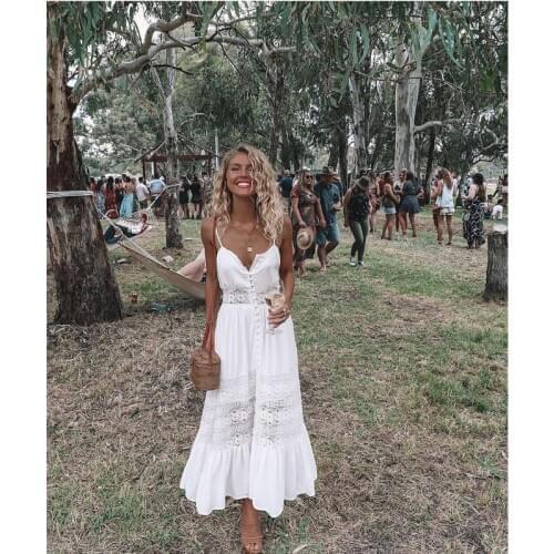 2020 Women Dress Lace Fashion Boho Long Maxi Summer Sexy V-Neck Ladies Sleeveless White Beachdress Evening Party Casual Clothes