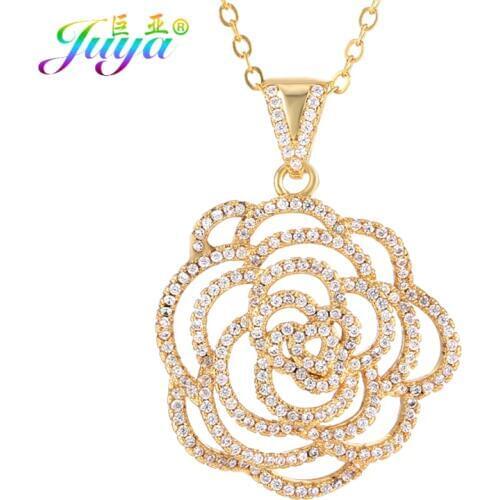 Ali Moda Wedding Jewelry Micro Pave Cubic Zirconia Rose Flower Pendant Necklace For Women Weddong Party Gift Handmade Necklace