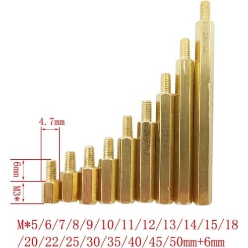 10Pcs M3*5~50mm+6mm M3 Male 6mm x Female 5-50 mm Hex Head Brass PCB Standoffs Hexagonal Hollow Pillars Standoff Spacer Screw